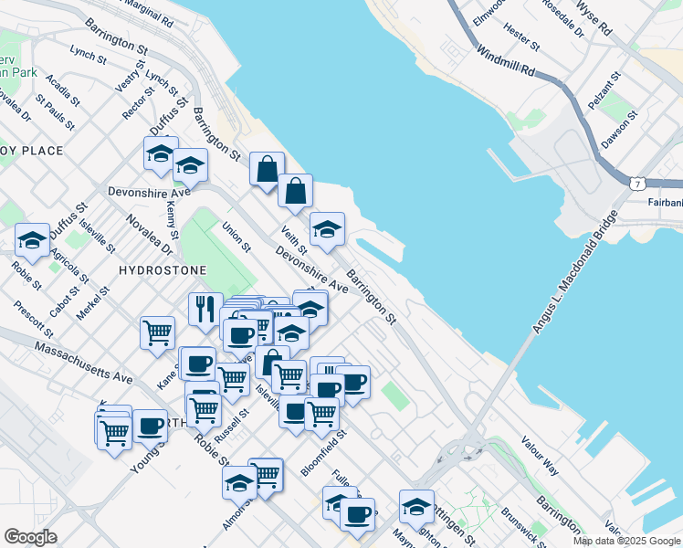 map of restaurants, bars, coffee shops, grocery stores, and more near 5269 Kaye Street in Halifax