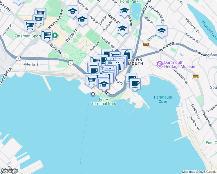 map of restaurants, bars, coffee shops, grocery stores, and more near 22 Portland Street in Dartmouth