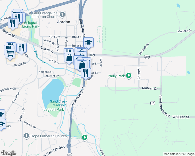 map of restaurants, bars, coffee shops, grocery stores, and more near 313 Mill Street in Jordan