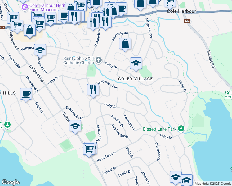map of restaurants, bars, coffee shops, grocery stores, and more near 26 Castlewood Drive in Dartmouth