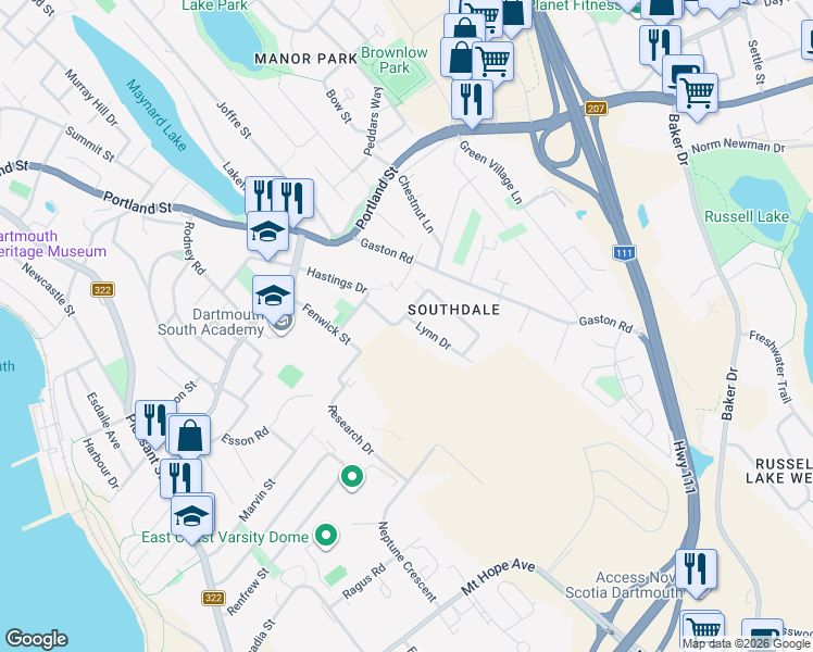 map of restaurants, bars, coffee shops, grocery stores, and more near 91 Dartmouth Avenue in Dartmouth