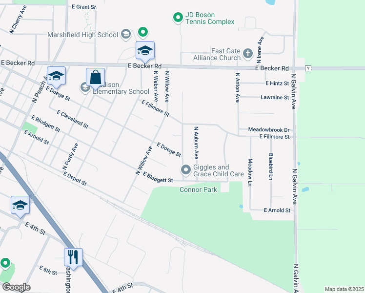 map of restaurants, bars, coffee shops, grocery stores, and more near 421 North Hume Avenue in Marshfield