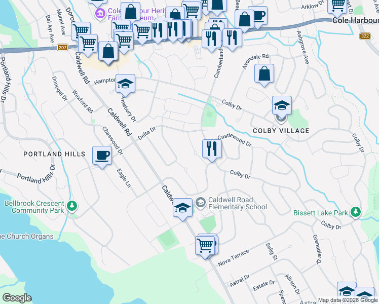 map of restaurants, bars, coffee shops, grocery stores, and more near 29 Delwood Place in Dartmouth