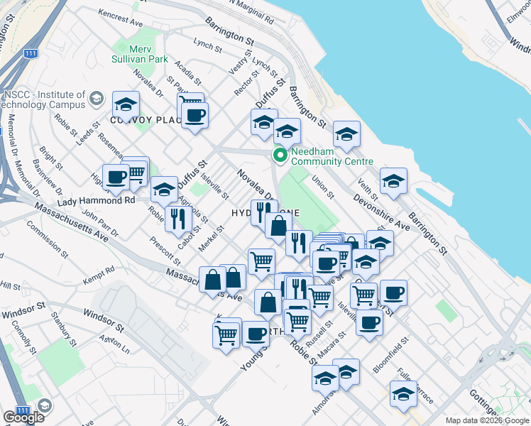 map of restaurants, bars, coffee shops, grocery stores, and more near in Halifax