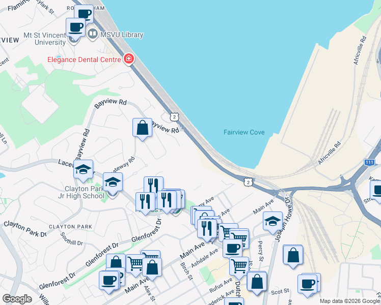 map of restaurants, bars, coffee shops, grocery stores, and more near 50 Bedford Highway in Halifax