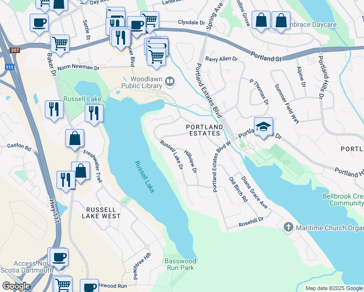 map of restaurants, bars, coffee shops, grocery stores, and more near 32 Hillview Drive in Dartmouth