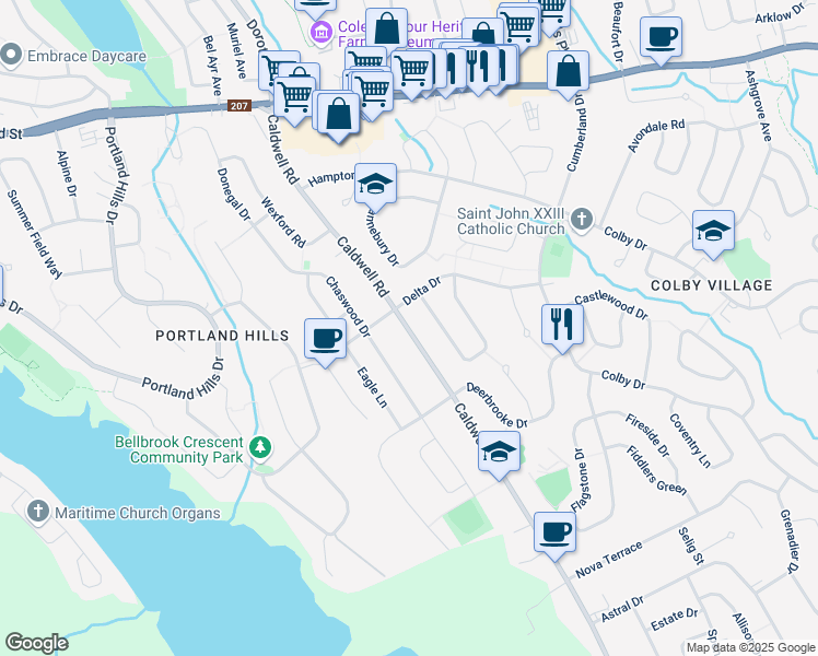 map of restaurants, bars, coffee shops, grocery stores, and more near 174 Caldwell Road in Dartmouth