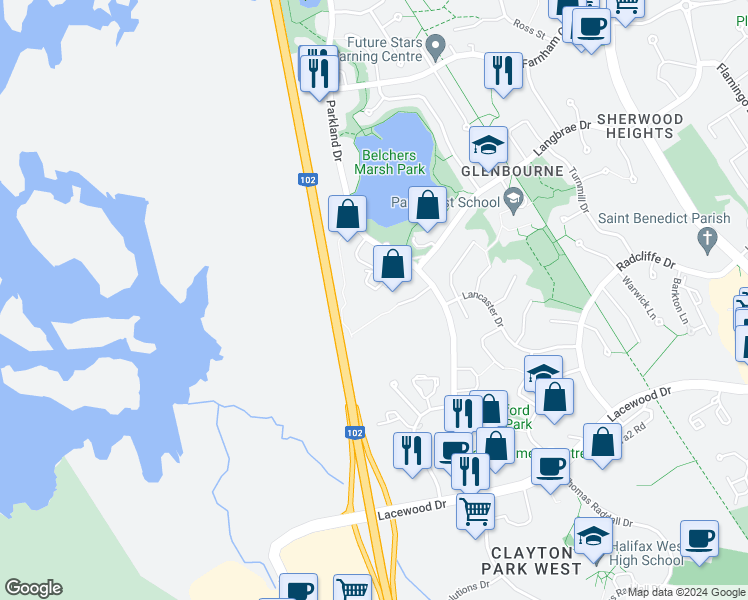 map of restaurants, bars, coffee shops, grocery stores, and more near 12 Carrington Place in Halifax