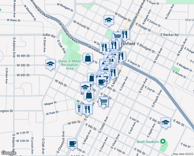 map of restaurants, bars, coffee shops, grocery stores, and more near 110 West 3rd Street in Marshfield