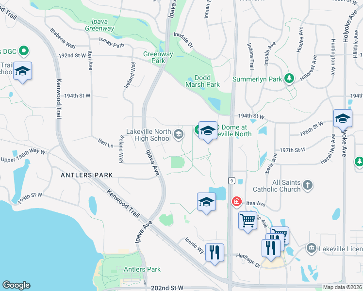 map of restaurants, bars, coffee shops, grocery stores, and more near 19600 Ipava Avenue in Lakeville