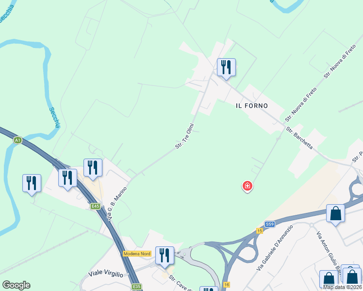 map of restaurants, bars, coffee shops, grocery stores, and more near 60 Strada Tre Olmi in Modena