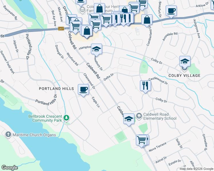 map of restaurants, bars, coffee shops, grocery stores, and more near 174 Caldwell Road in Dartmouth
