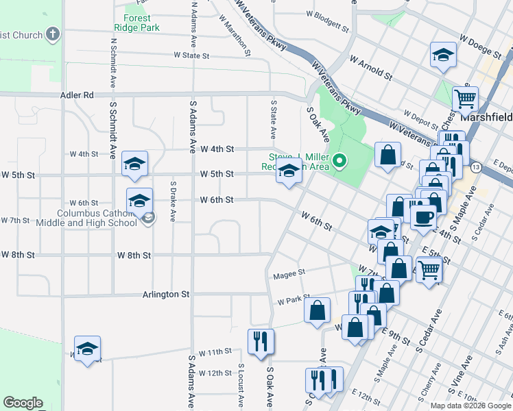 map of restaurants, bars, coffee shops, grocery stores, and more near 815 West 6th Street in Marshfield