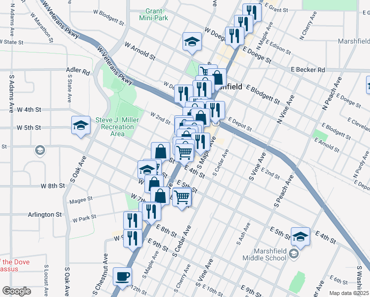 map of restaurants, bars, coffee shops, grocery stores, and more near 110 West 3rd Street in Marshfield
