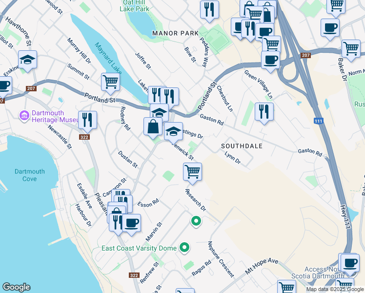 map of restaurants, bars, coffee shops, grocery stores, and more near 53 Fenwick Street in Dartmouth