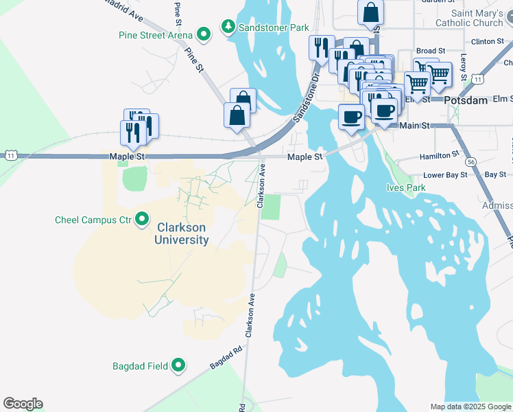 map of restaurants, bars, coffee shops, grocery stores, and more near 8 Clarkson Avenue in Potsdam