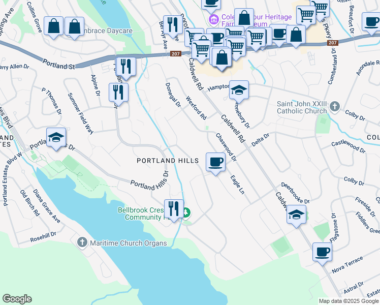 map of restaurants, bars, coffee shops, grocery stores, and more near 315 Bellbrook Crescent in Dartmouth