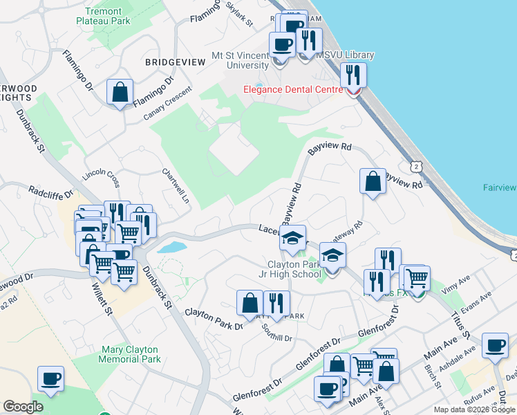 map of restaurants, bars, coffee shops, grocery stores, and more near 48 Briarwood Crescent in Halifax