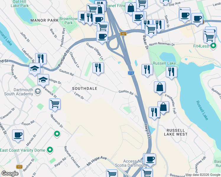 map of restaurants, bars, coffee shops, grocery stores, and more near 77 Gaston Road in Dartmouth