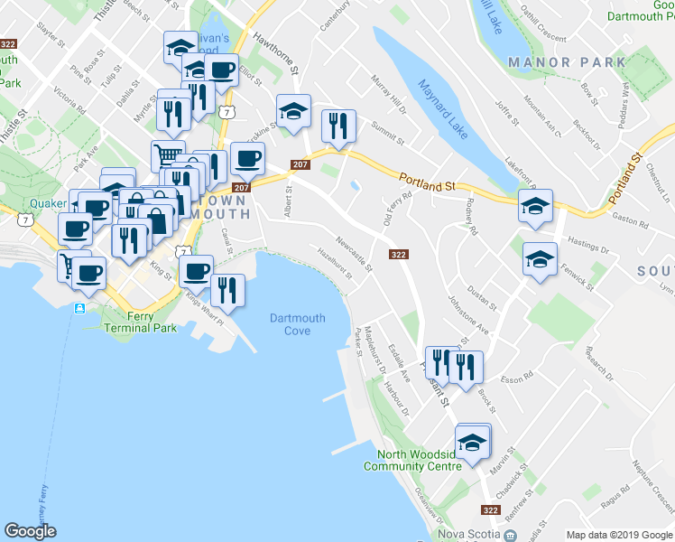 map of restaurants, bars, coffee shops, grocery stores, and more near 56 Hazelhurst Street in Dartmouth