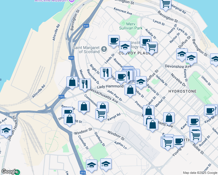 map of restaurants, bars, coffee shops, grocery stores, and more near 6140 Lady Hammond Road in Halifax
