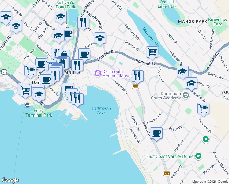 map of restaurants, bars, coffee shops, grocery stores, and more near 56 Hazelhurst Street in Dartmouth