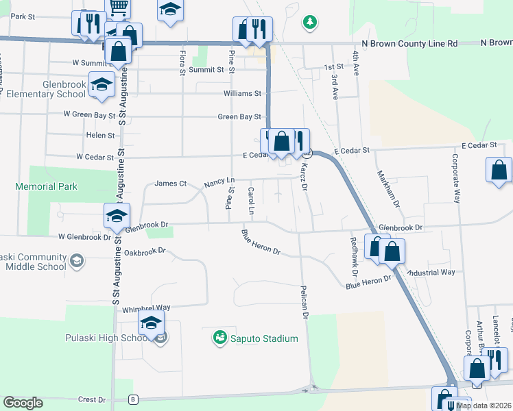 map of restaurants, bars, coffee shops, grocery stores, and more near 712 Carol Lane in Pulaski