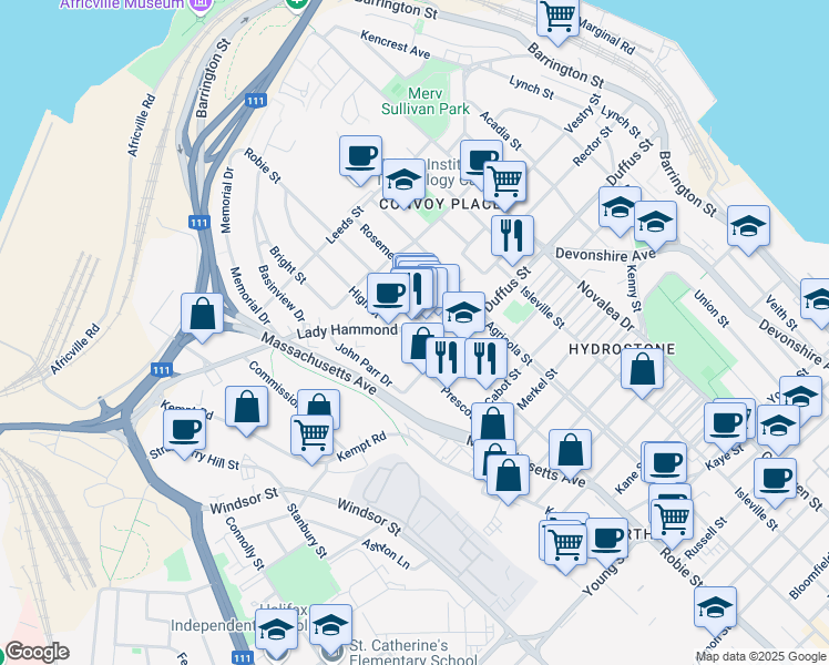 map of restaurants, bars, coffee shops, grocery stores, and more near 6024 Lady Hammond Road in Halifax