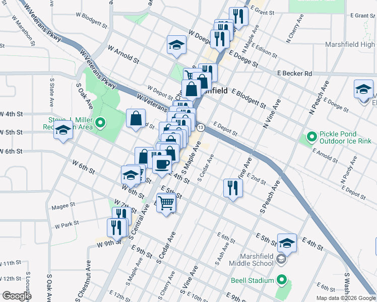 map of restaurants, bars, coffee shops, grocery stores, and more near 211 South Central Avenue in Marshfield