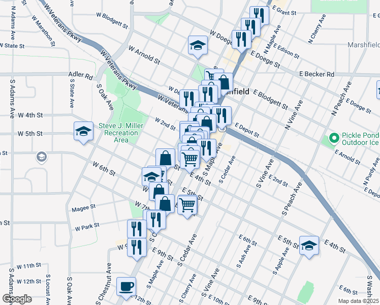 map of restaurants, bars, coffee shops, grocery stores, and more near 236 South Central Avenue in Marshfield