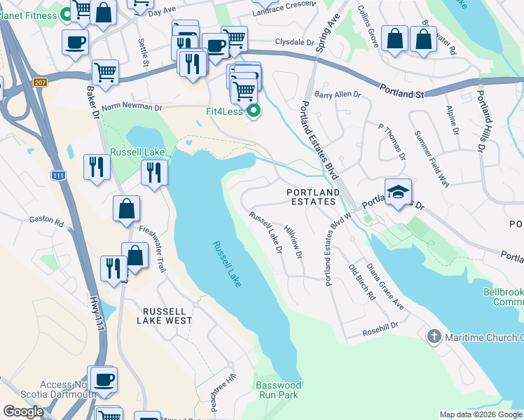 map of restaurants, bars, coffee shops, grocery stores, and more near 24 Princeton Lane in Dartmouth