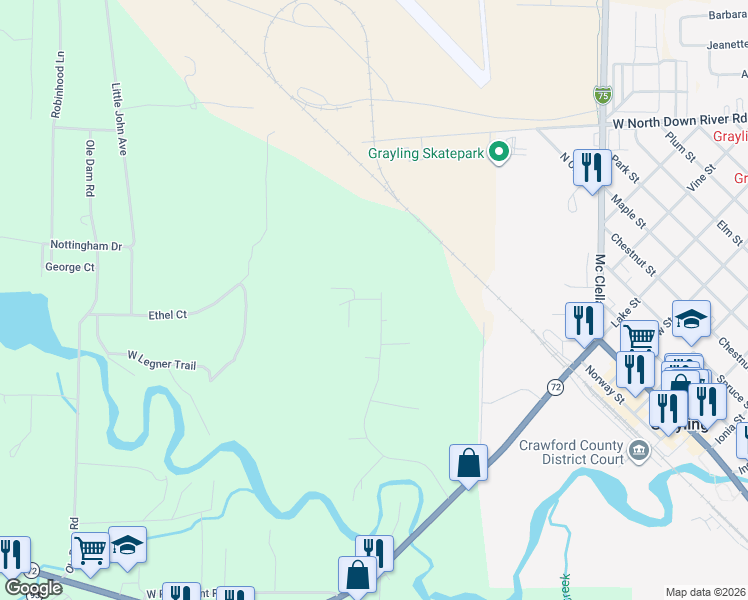 map of restaurants, bars, coffee shops, grocery stores, and more near 1-57 Evergreen Drive in Grayling