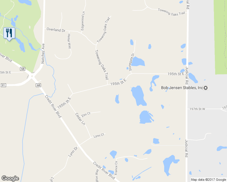 map of restaurants, bars, coffee shops, grocery stores, and more near 9471 195th Street East in Prior Lake