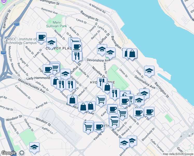 map of restaurants, bars, coffee shops, grocery stores, and more near 5525 Merkel Place in Halifax