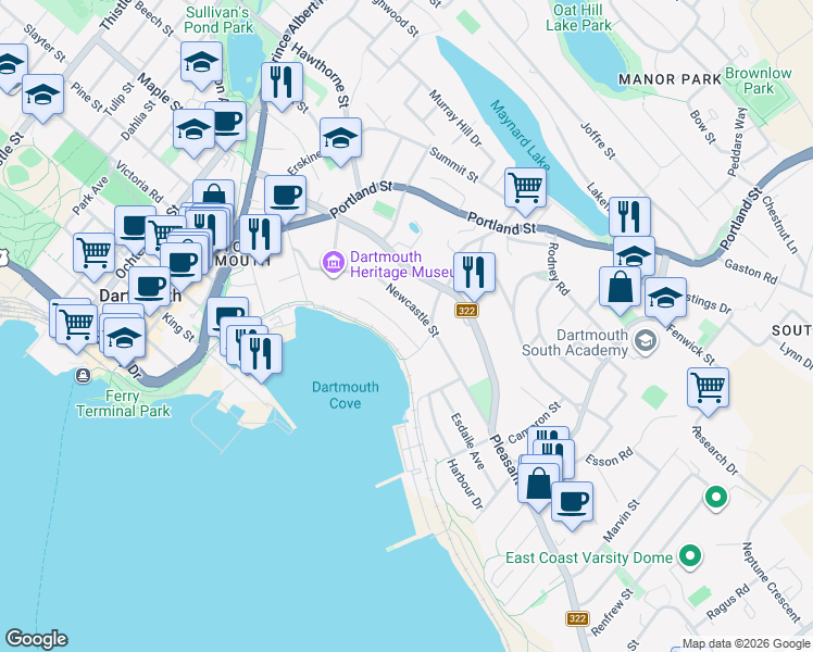 map of restaurants, bars, coffee shops, grocery stores, and more near 69 Newcastle Street in Dartmouth