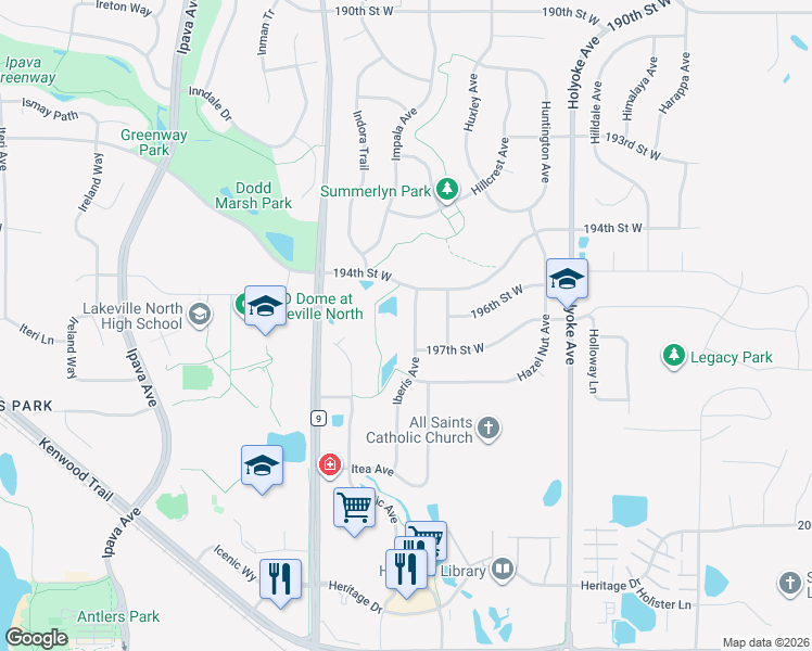 map of restaurants, bars, coffee shops, grocery stores, and more near 19597 Iberis Avenue in Lakeville