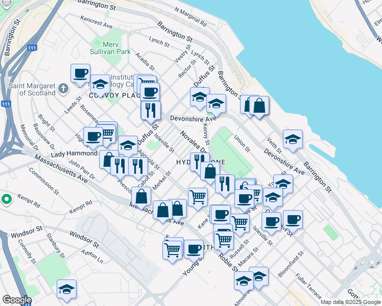 map of restaurants, bars, coffee shops, grocery stores, and more near 5525 Merkel Place in Halifax