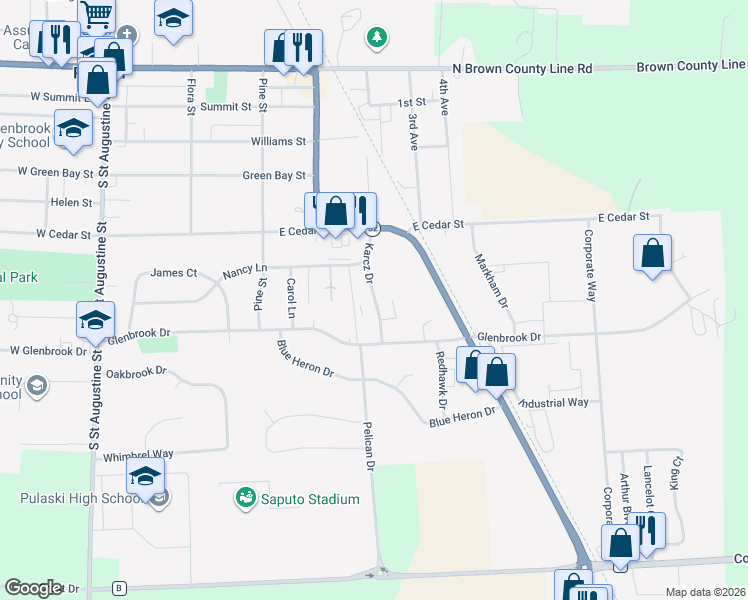 map of restaurants, bars, coffee shops, grocery stores, and more near 719 Karcz Drive in Pulaski