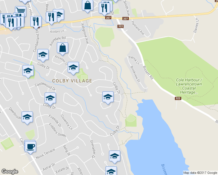 map of restaurants, bars, coffee shops, grocery stores, and more near Briarlynn Crescent in Dartmouth