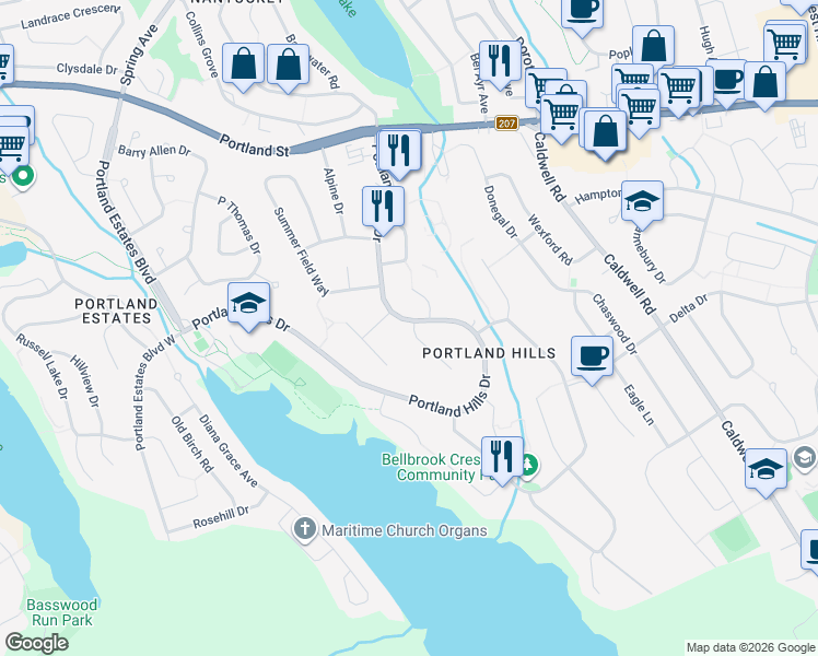 map of restaurants, bars, coffee shops, grocery stores, and more near 3 Surrey Way in Dartmouth