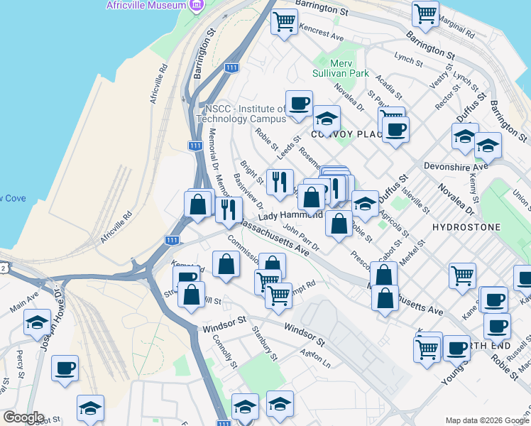 map of restaurants, bars, coffee shops, grocery stores, and more near 6189 Lady Hammond Road in Halifax