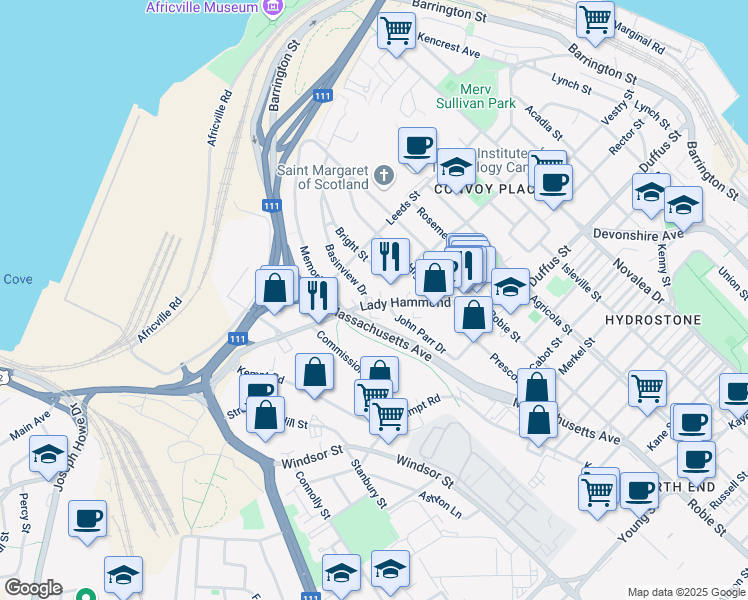 map of restaurants, bars, coffee shops, grocery stores, and more near 6181 Lady Hammond Road in Halifax