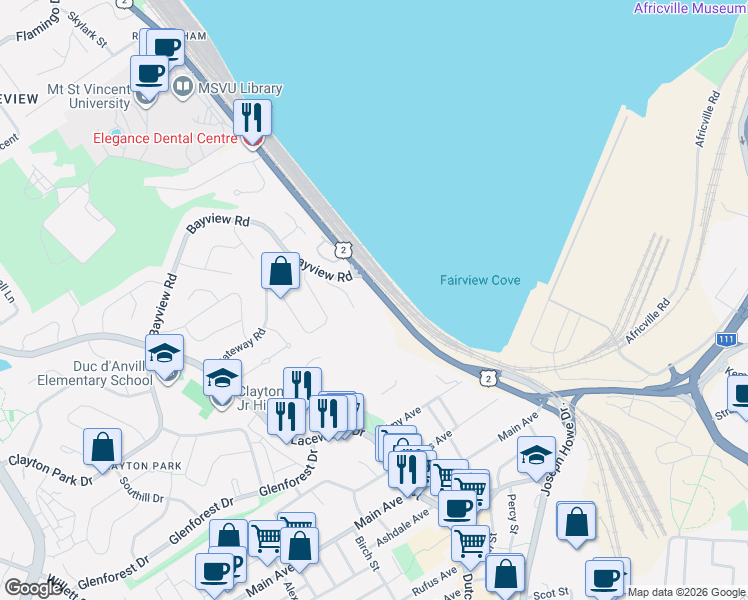 map of restaurants, bars, coffee shops, grocery stores, and more near 58 Bedford Highway in Halifax