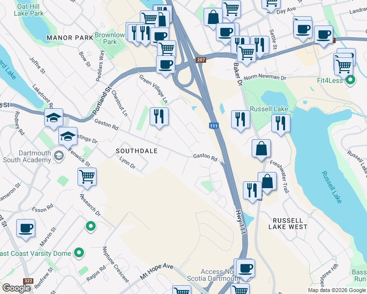 map of restaurants, bars, coffee shops, grocery stores, and more near 8A Marilyn Drive in Dartmouth