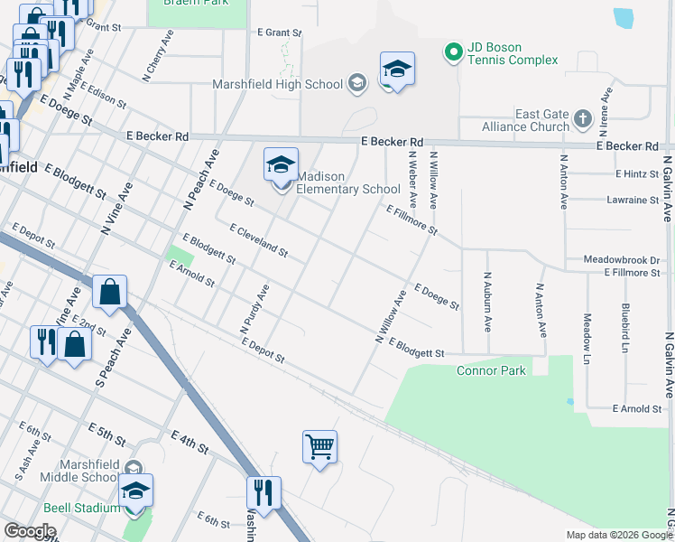 map of restaurants, bars, coffee shops, grocery stores, and more near 406 North Juno Avenue in Marshfield