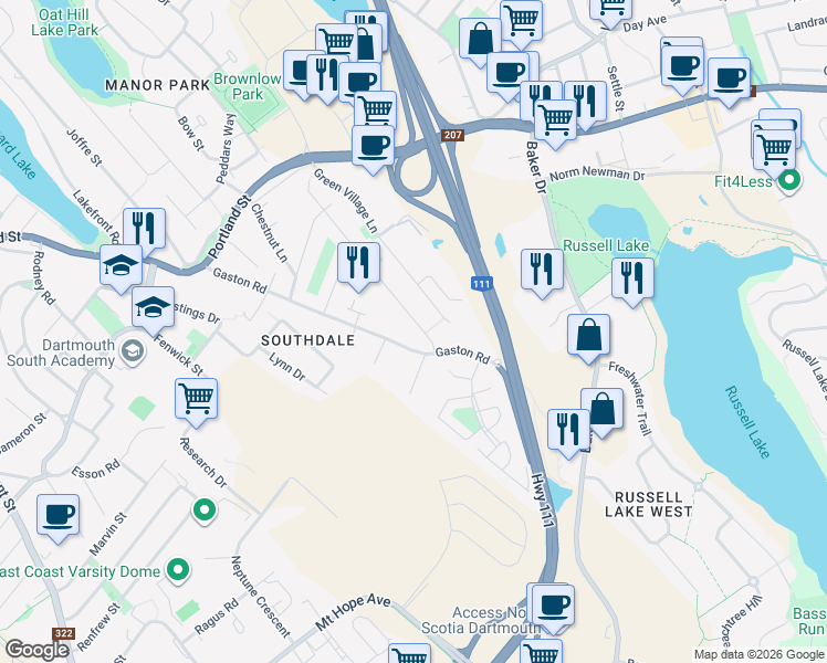 map of restaurants, bars, coffee shops, grocery stores, and more near 8A Marilyn Drive in Dartmouth