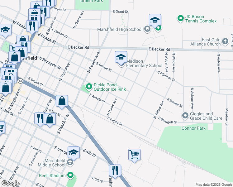 map of restaurants, bars, coffee shops, grocery stores, and more near 1013 East Blodgett Street in Marshfield