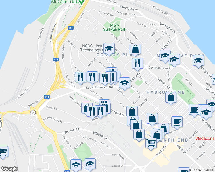 map of restaurants, bars, coffee shops, grocery stores, and more near 6045 Lady Hammond Road in Halifax