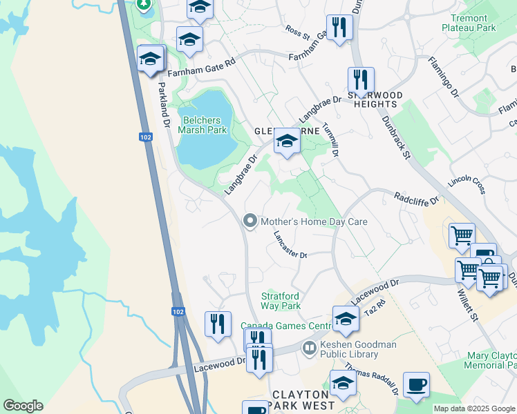 map of restaurants, bars, coffee shops, grocery stores, and more near 12 Kingsley Close in Halifax