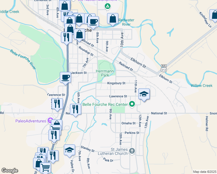 map of restaurants, bars, coffee shops, grocery stores, and more near 810 Kingsbury Street in Belle Fourche